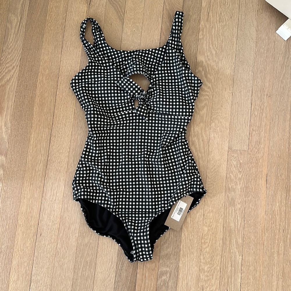 albion black and white bathing suit with open back NWT